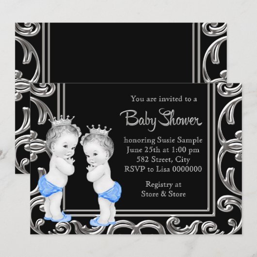 Zwart, Blauw en Zilver Twin Boy Baby shower Kaart (Voorkant / Achterkant)