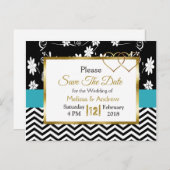 Zwart-blauw Floral Harten Opslaan Datum Aankondigingskaart (Voorkant / Achterkant)