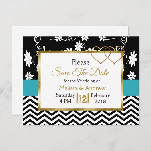Zwart-blauw Floral Harten Opslaan Datum Aankondigingskaart (Voorkant / Achterkant)