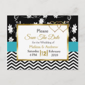 Zwart-blauw Floral Harten Opslaan Datum Aankondigingskaart (Voorkant)