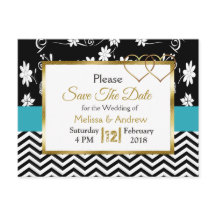 Zwart-blauw Floral Harten Opslaan Datum