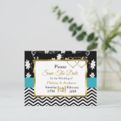 Zwart-blauw Floral Harten Opslaan Datum Aankondigingskaart (Staand voorkant)