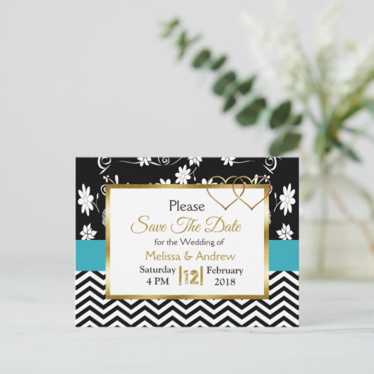 Zwart-blauw Floral Harten Opslaan Datum Aankondigingskaart (Staand voorkant)