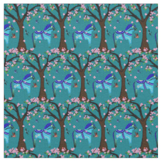 Zwart/blauw Folk Dala paard/Folk vogels/bloemen Stof