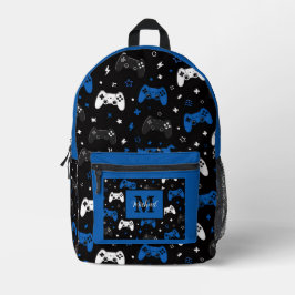 Zwart Blauw Gaming Controller Patroon Monogram Naa Bedrukte Rugzak