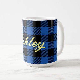 Zwart blauw geruit buffelpatroon personaliseren koffiemok