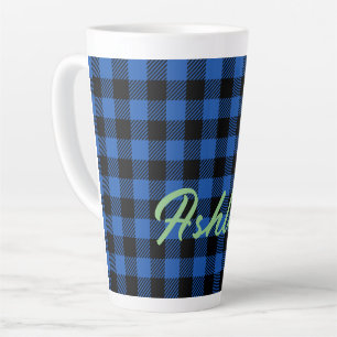 Zwart blauw geruit buffelpatroon personaliseren latte mok