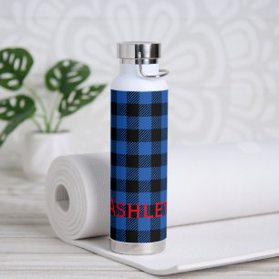 Zwart blauw geruit buffelpatroon   personaliseren waterfles