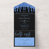 Zwart & Blauw Glitter Drip Bruiloft All In One Uitnodiging (Binnen)