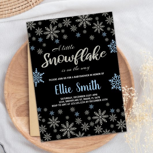 Zwart Blauw Glitter Winter Baby Douche Uitnodiging