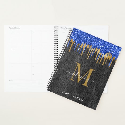 Zwart blauw Gold Glitter Drivers Lederenmonogram Planner (Display)