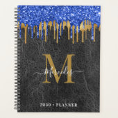 Zwart blauw Gold Glitter Drivers Lederenmonogram Planner (Voorkant)