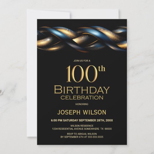 Zwart Blauw Goud 100ste Verjaardagsfeest Kaart (Voorkant)