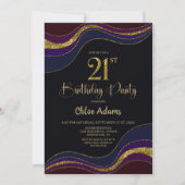 Zwart Blauw Goud Glitter 21ste Verjaardagsfeest Kaart (Voorkant)