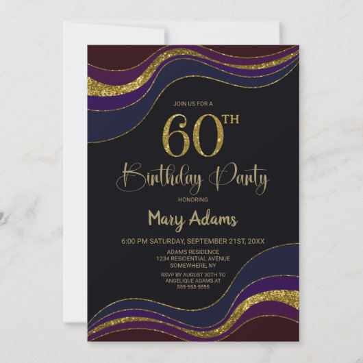 Zwart Blauw Goud Glitter 60ste Verjaardagsfeest Kaart (Voorkant)