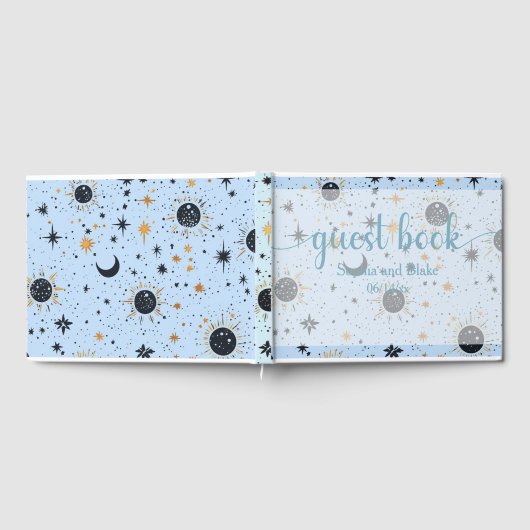 Zwart Blauw Goud Hemelse Zon Maan Sterren Bruiloft Gastenboek (Volledig)