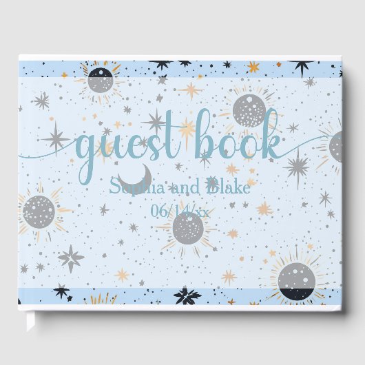 Zwart Blauw Goud Hemelse Zon Maan Sterren Bruiloft Gastenboek (Voorkant)