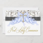 Zwart Blauw Goud Kruis Jongens Blauw Eerste Commun Kaart (Voorkant)