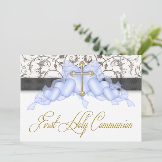 Zwart Blauw Goud Kruis Jongens Blauw Eerste Commun Kaart (Staand voorkant)