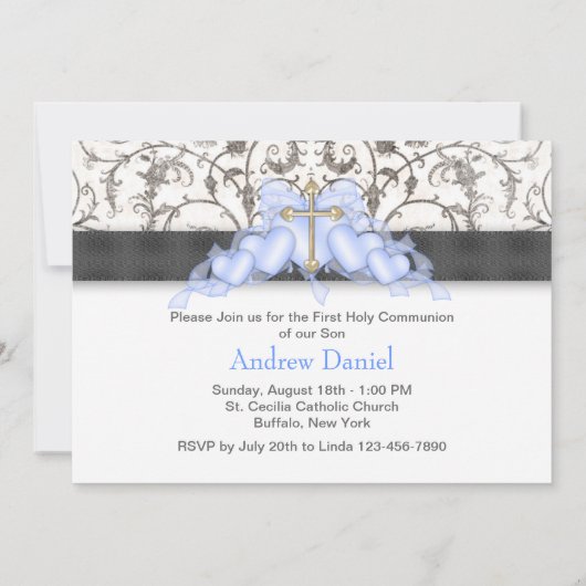 Zwart Blauw Goud Kruis Jongens Blauw Eerste Commun Kaart (Achterkant)