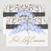 Zwart Blauw Goud Kruis Jongens Blauw Eerste Commun Kaart (Voorkant / Achterkant)