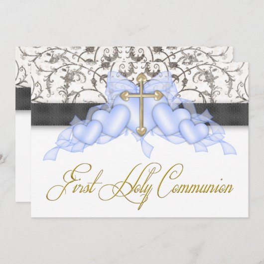 Zwart Blauw Goud Kruis Jongens Blauw Eerste Commun Kaart (Voorkant / Achterkant)