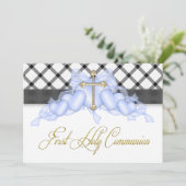 Zwart Blauw Goud Kruis Jongens Blauw Eerste Commun Kaart (Staand voorkant)