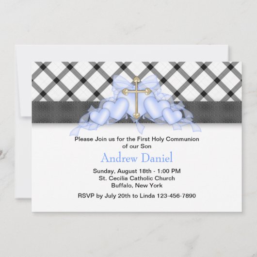 Zwart Blauw Goud Kruis Jongens Blauw Eerste Commun Kaart (Achterkant)