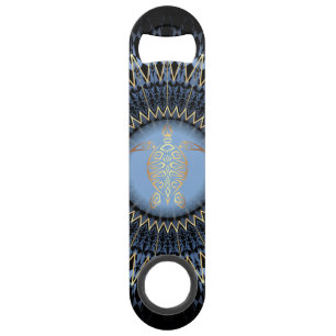 Zwart Blauw Goud Mandala Schildpad Kust Speed Flessenopener