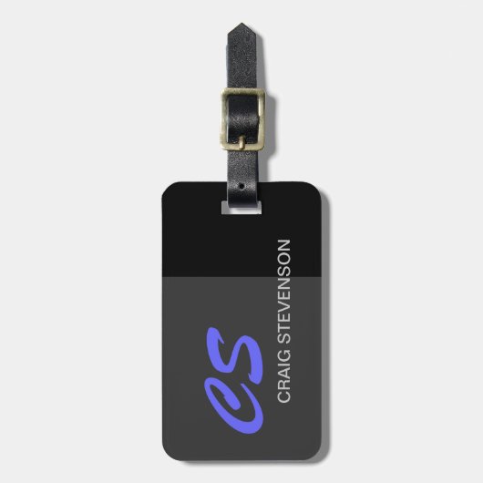 Zwart Blauw Grijs Script Custom Name Bagagelabel (Voorkant verticaal)