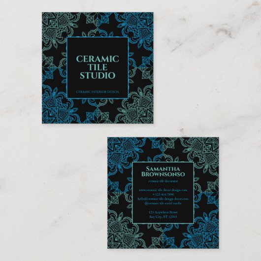 Zwart blauw groen naadloos mozaïek vierkante visitekaartje (Voorkant / Achterkant)