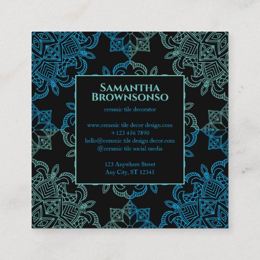 Zwart blauw groen naadloos mozaïek vierkante visitekaartje (Achterkant)