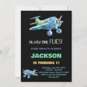 Zwart Blauw Groen Vliegtuig Verjaardag Uitnodiging (Voorkant)