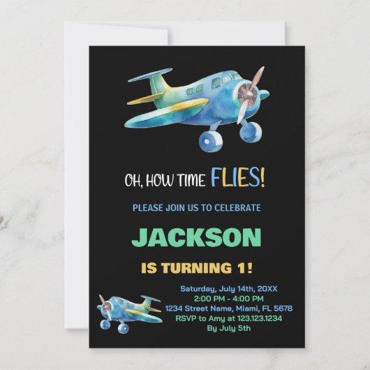 Zwart Blauw Groen Vliegtuig Verjaardag Uitnodiging (Voorkant)