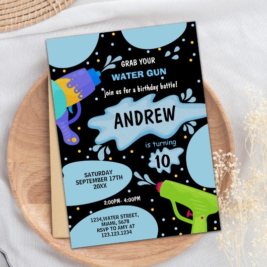 Zwart Blauw Groen Water Pistool Verjaardagsuitnodi Kaart