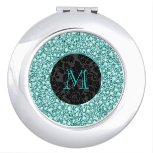 Zwart & Blauw-Groene Diamanten Glitter-Monogram Make-up Spiegel