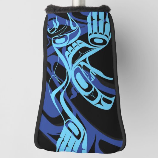 Zwart Blauw Haida Eagle Thunder Vogel Native Art Golfheadcover (Draai 90)