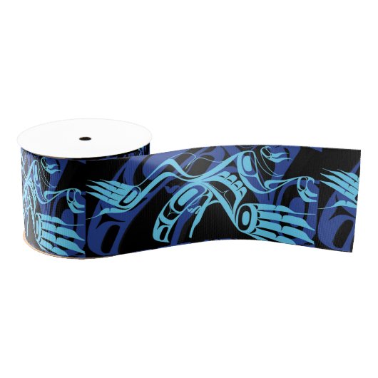 Zwart Blauw Haida Eagle Thunder Vogel Native Art Grosgrain Lint (Spoel)