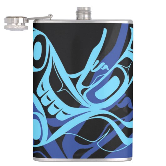 Zwart Blauw Haida Eagle Thunder Vogel Native Art Heupfles (Geopend)