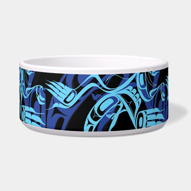 Zwart Blauw Haida Eagle Thunder Vogel Native Art Voerbakje (Voorkant)