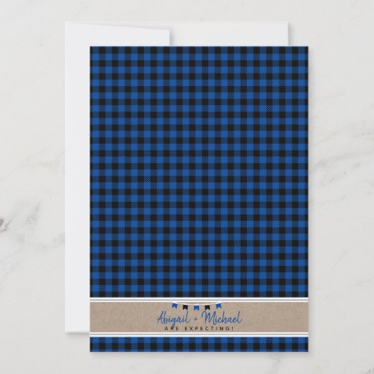 Zwart + Blauw Het is een jongen Buffalo Plaid Baby Kaart (Achterkant)