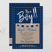 Zwart + Blauw Het is een jongen Buffalo Plaid Baby Kaart (Voorkant / Achterkant)