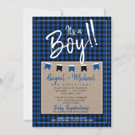 Zwart + Blauw Het is een jongen Buffalo Plaid Baby Kaart