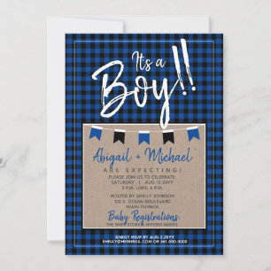 Zwart + Blauw Het is een jongen Buffalo Plaid Baby Kaart