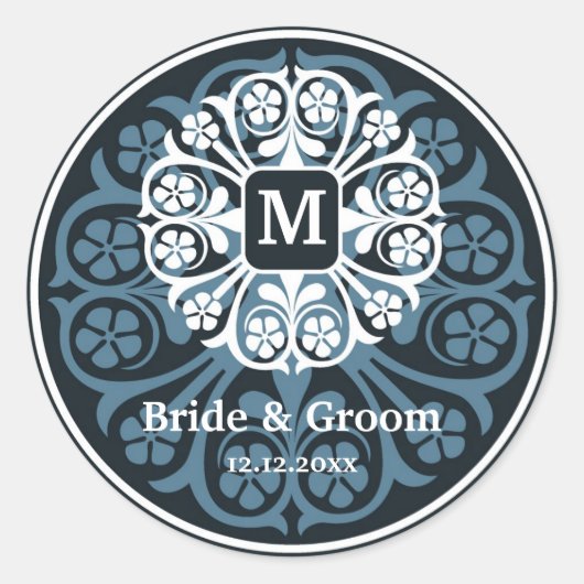 Zwart Blauw Initiaal M Monogram Seal Party Favor Ronde Sticker (Voorkant)