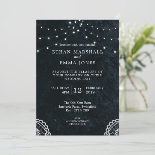 Zwart Blauw Kant Licht Bruiloft Uitnodiging (Staand voorkant)