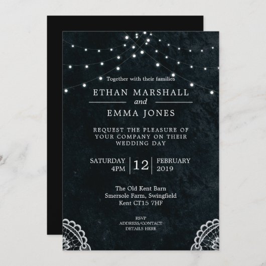 Zwart Blauw Kant Licht Bruiloft Uitnodiging (Voorkant / Achterkant)