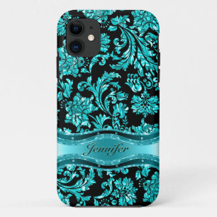 Zwart & Blauw Metallic Bloemen Damasks-Gepersonali iPhone 11 Hoesje