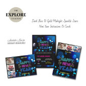 Zwart & Blauw Midnight Sparkle Neon Glow Nieuwjaar Kaart