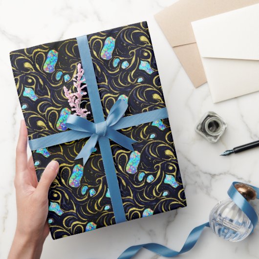 Zwart & Blauw Modern Faux Gold & Opal Cadeaupapier (Geschenken)